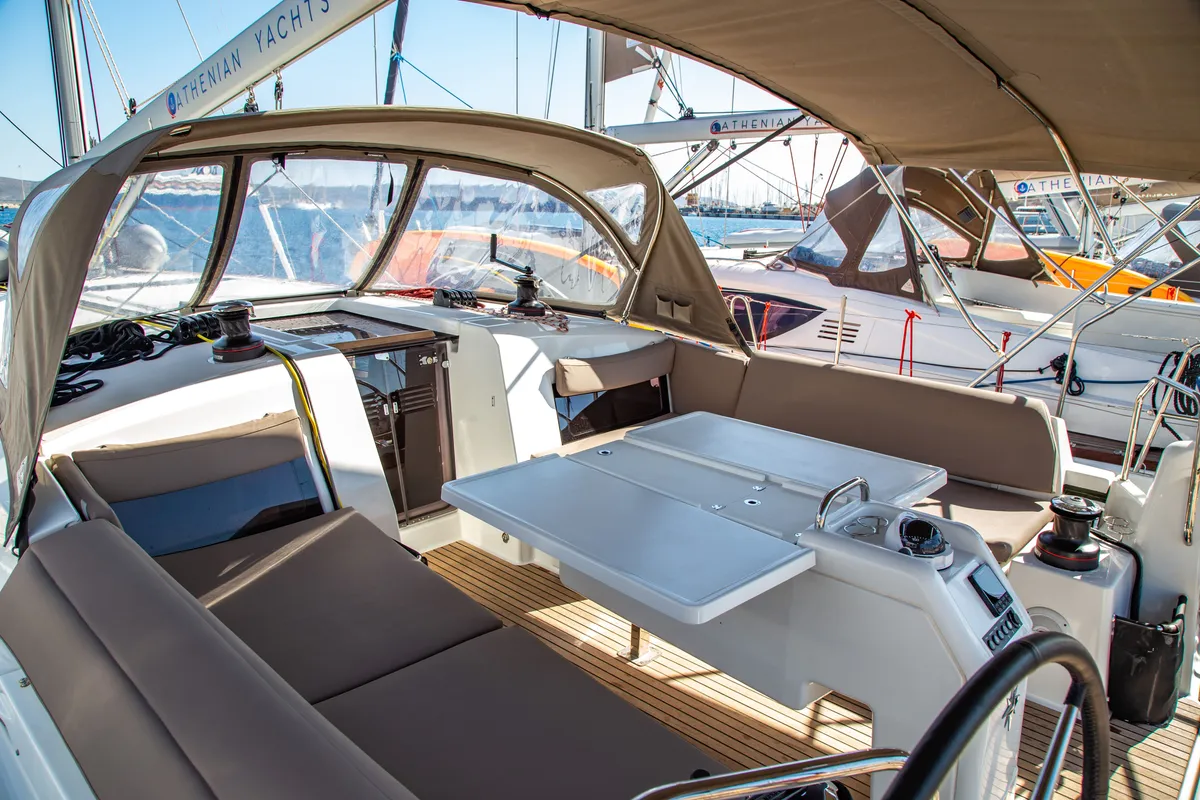 Contigo, a Jeanneau Sun Odyssey 490 sailboat at Lavreotiki Municipal Unit, Greece