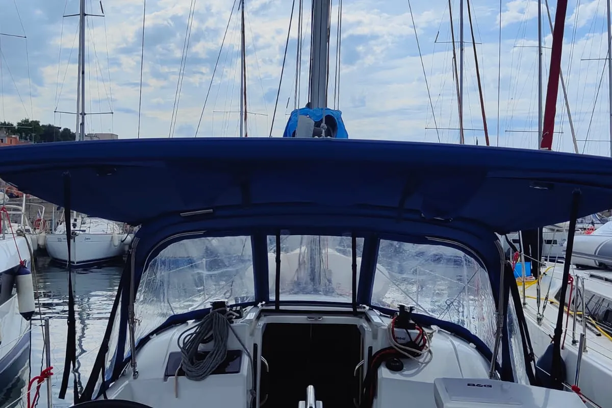 Cockpit of Amal, a Beneteau Oceanis 30.1 sailboat at Procida, Italy