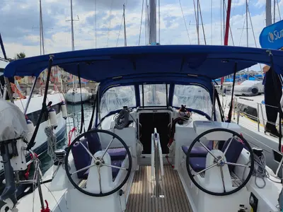 Cockpit of Amal, a Beneteau Oceanis 30.1 sailboat at Procida, Italy