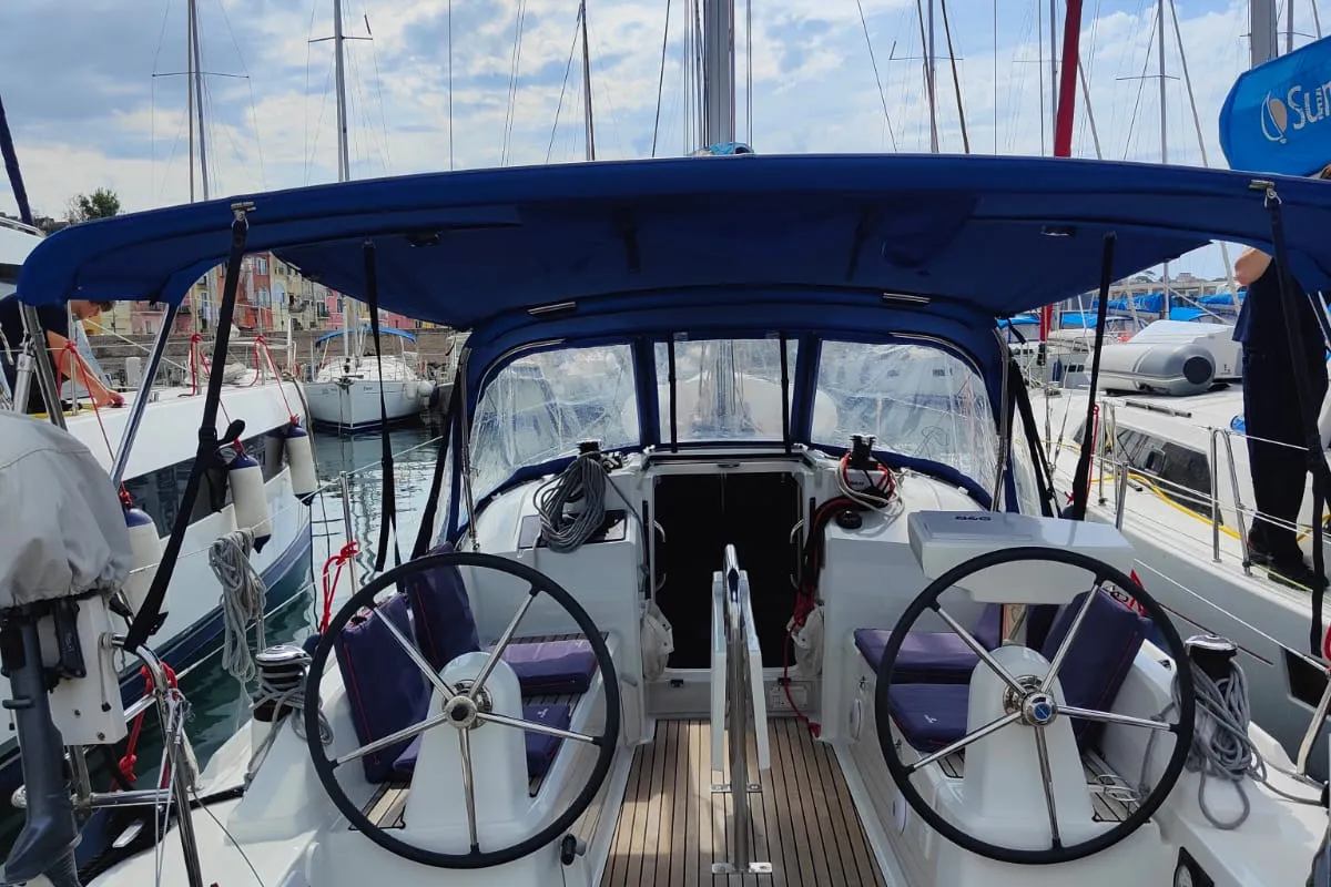 Cockpit of Amal, a Beneteau Oceanis 30.1 sailboat at Procida, Italy