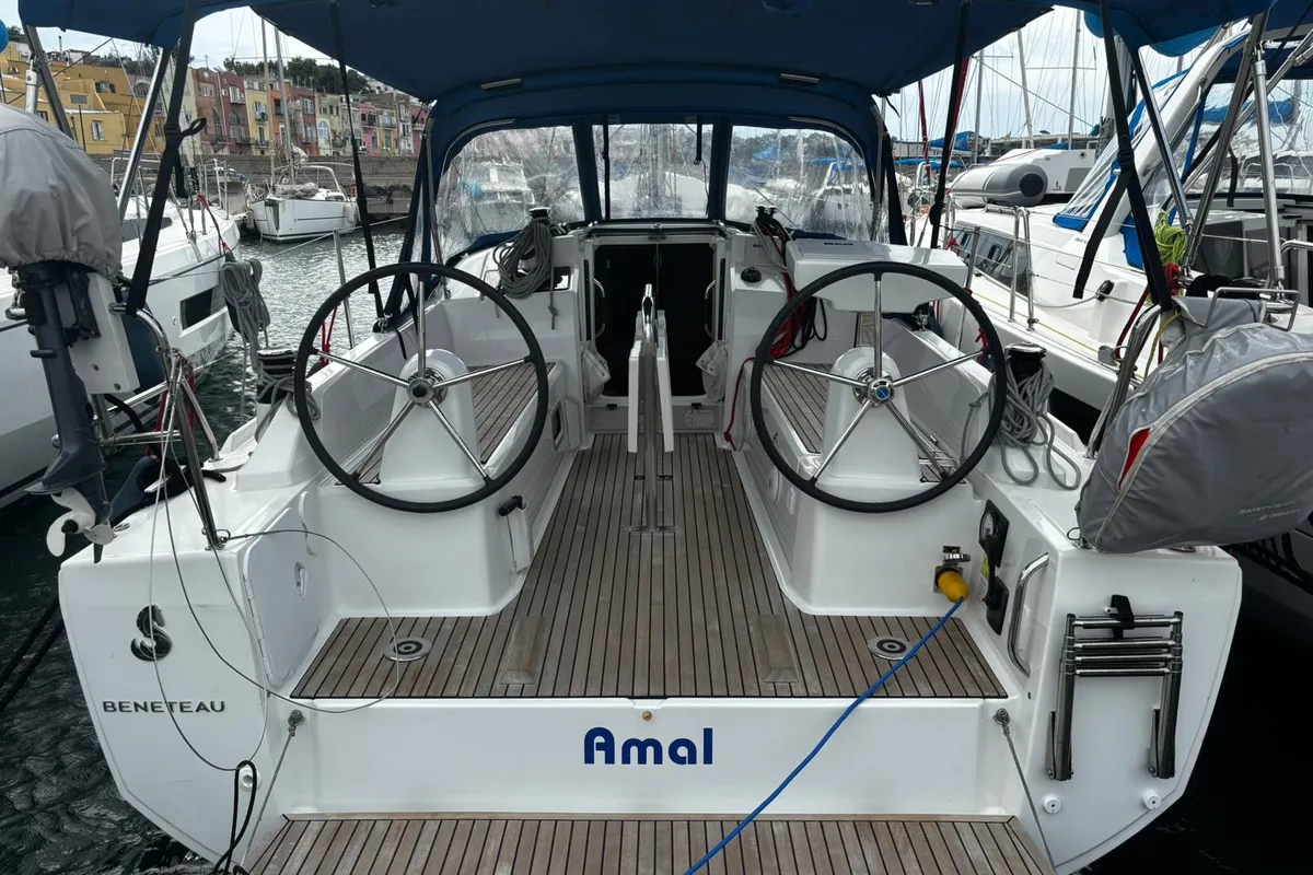 Cockpit of Amal, a Beneteau Oceanis 30.1 sailboat at Procida, Italy