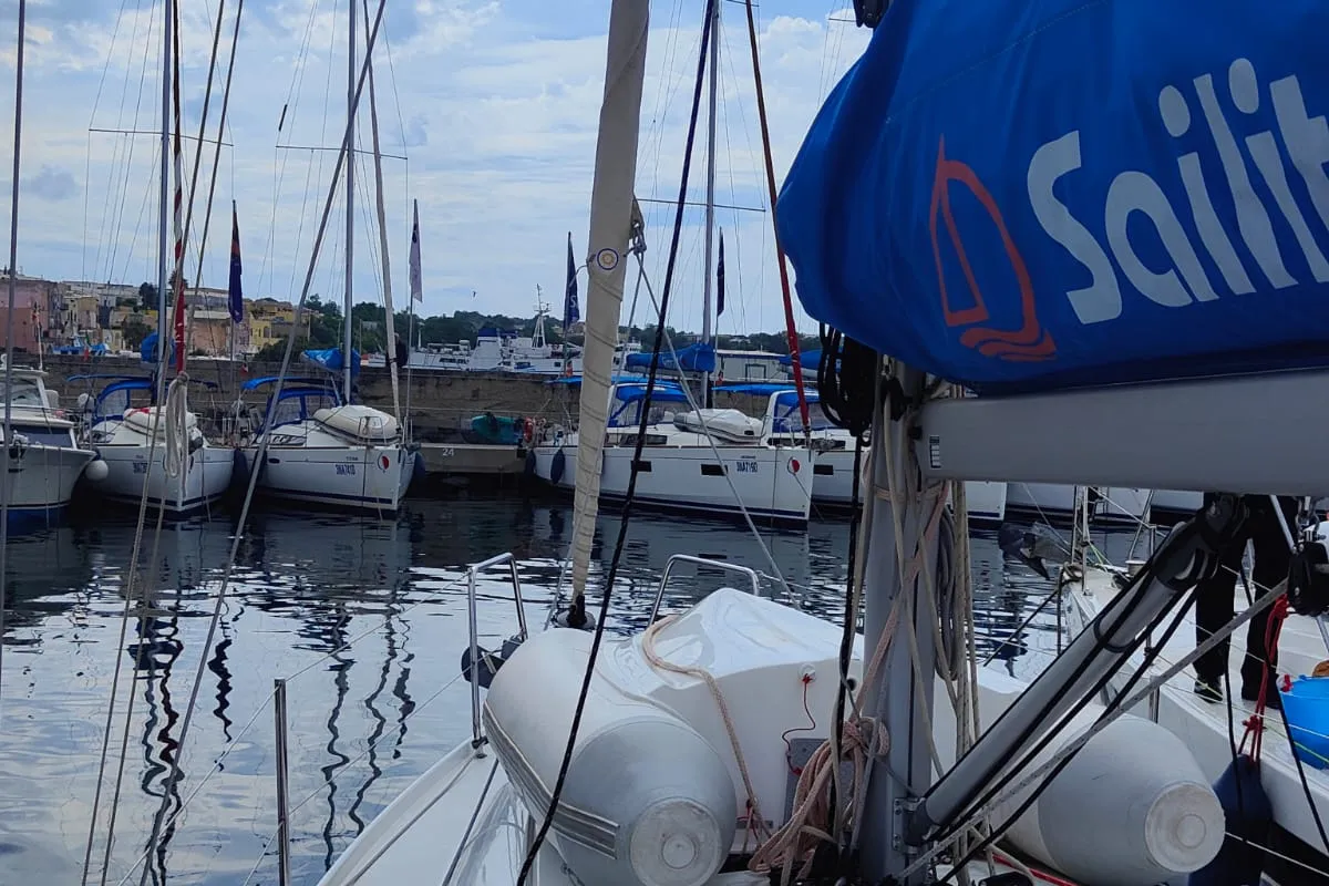 Deck of Amal, a Beneteau Oceanis 30.1 sailboat at Procida, Italy