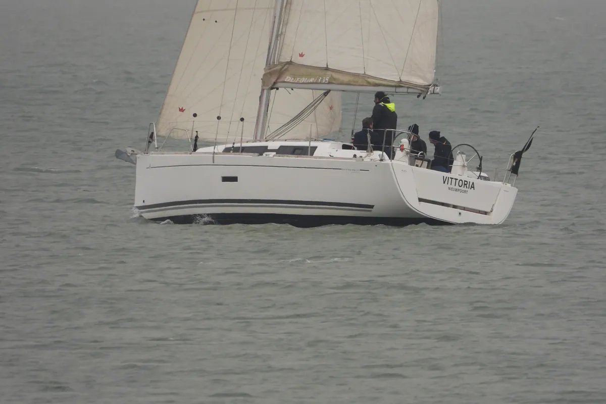 Exterior view of Vittoria, a Dufour 335 Grand Large sailboat at Nieuwpoort, Belgium