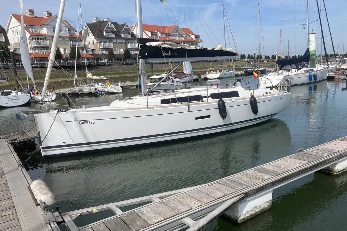 Exterior view of Vittoria, a Dufour 335 Grand Large sailboat at Nieuwpoort, Belgium