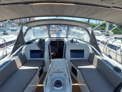 Cockpit of Baghera, a Jeanneau Sun Odyssey 410 sailboat at Municipal Unit of Lefkada, Greece