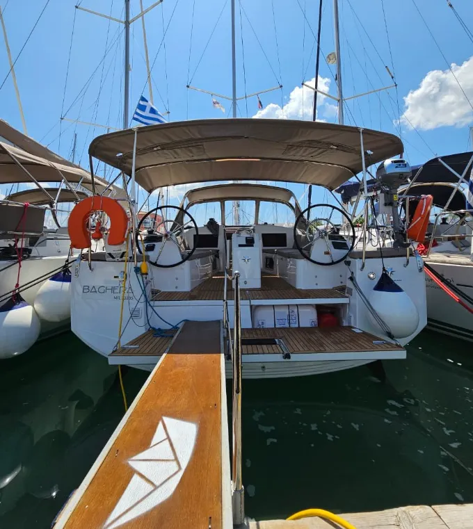 Exterior view of Baghera, a Jeanneau Sun Odyssey 410 sailboat at Municipal Unit of Lefkada, Greece