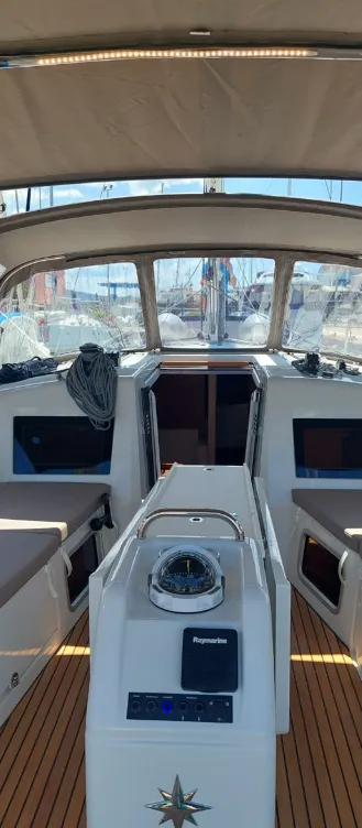 Cockpit of Baghera, a Jeanneau Sun Odyssey 410 sailboat at Municipal Unit of Lefkada, Greece