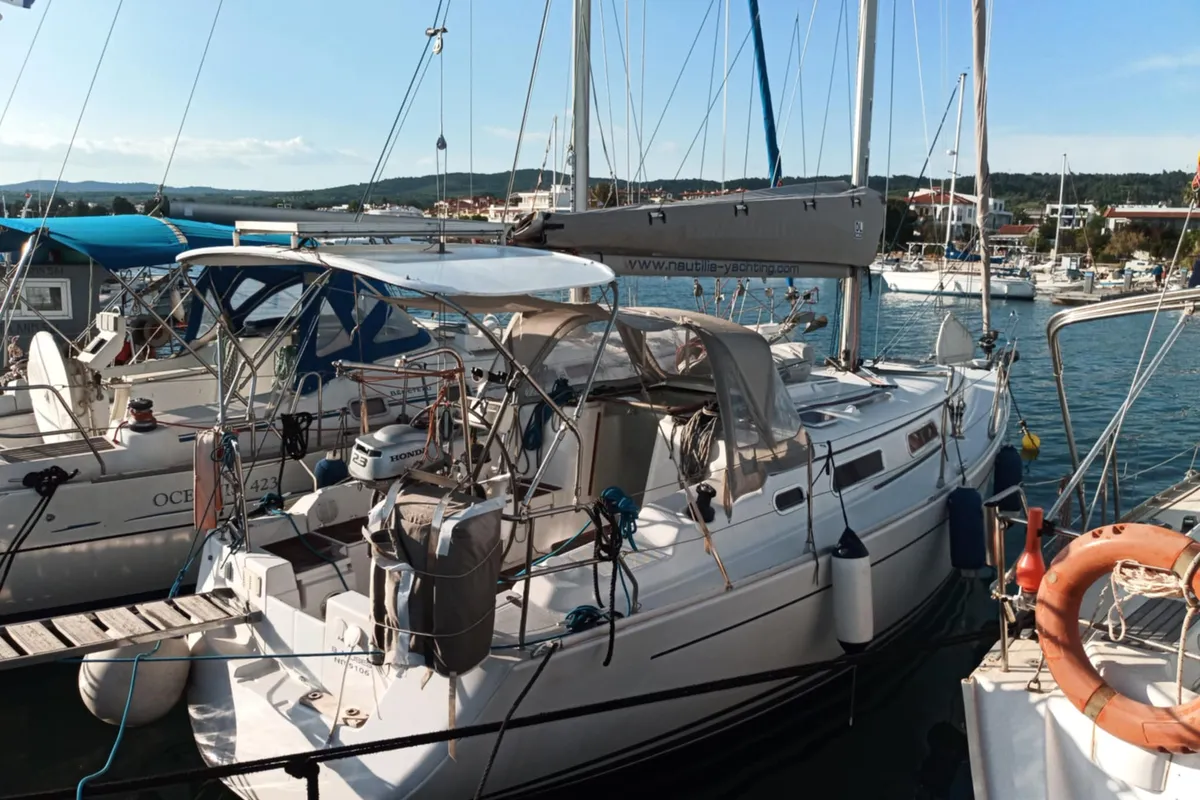 Exterior view of Nine Muses, a Hanse 342 sailboat at Sithonia Municipal Unit, Greece