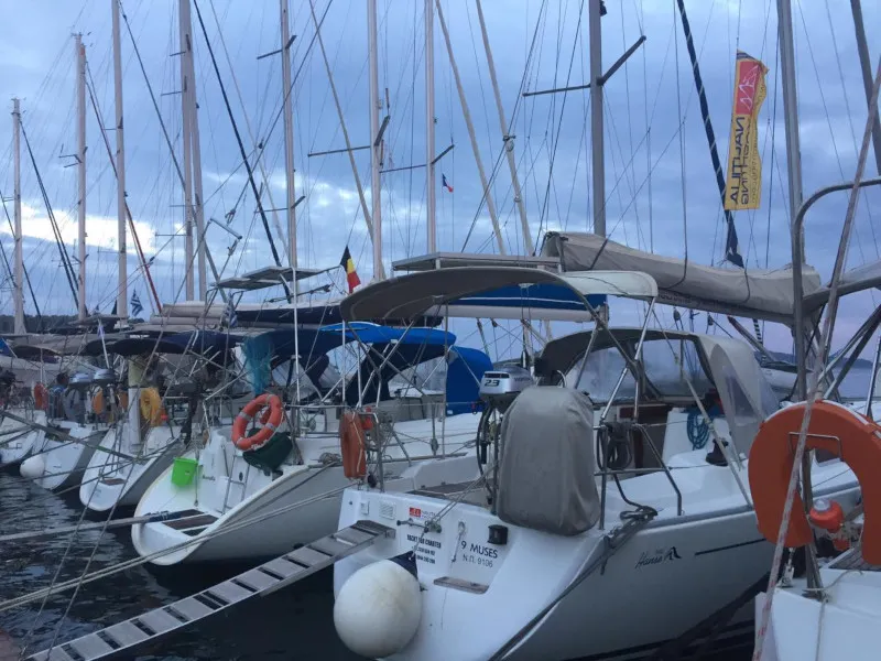 Exterior view of Nine Muses, a Hanse 342 sailboat at Sithonia Municipal Unit, Greece