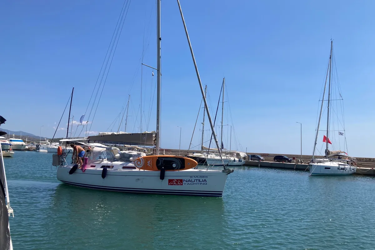 Exterior view of Nine Muses, a Hanse 342 sailboat at Sithonia Municipal Unit, Greece