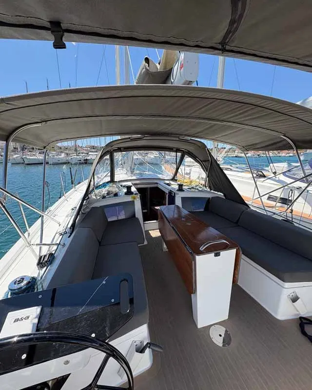 Cockpit of Jagoda, a Dufour 41 sailboat at Jezera, Croatia