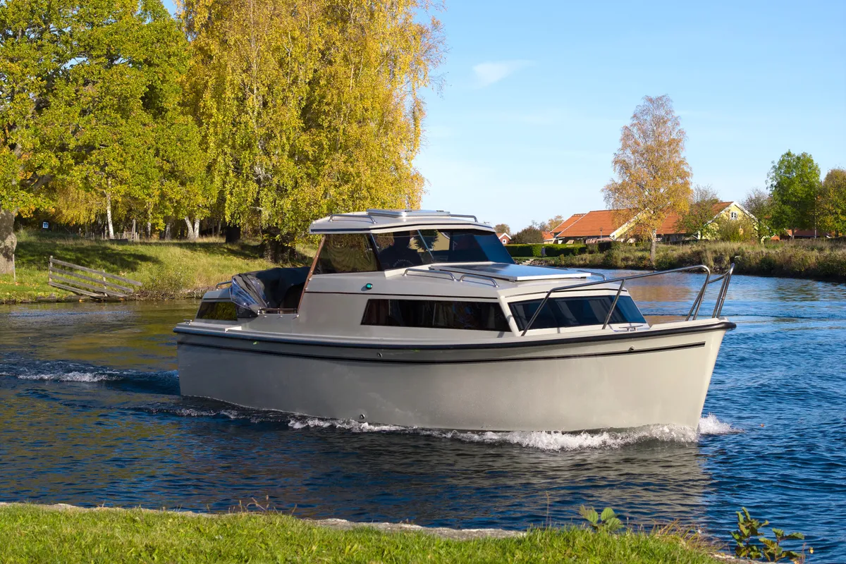 Exterior view of Safir, a Naviga Nordica T 40 motorboat at Motala, Sweden