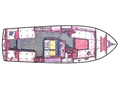 Floor plan of Safir, a Naviga Nordica T 40 motorboat at Motala, Sweden