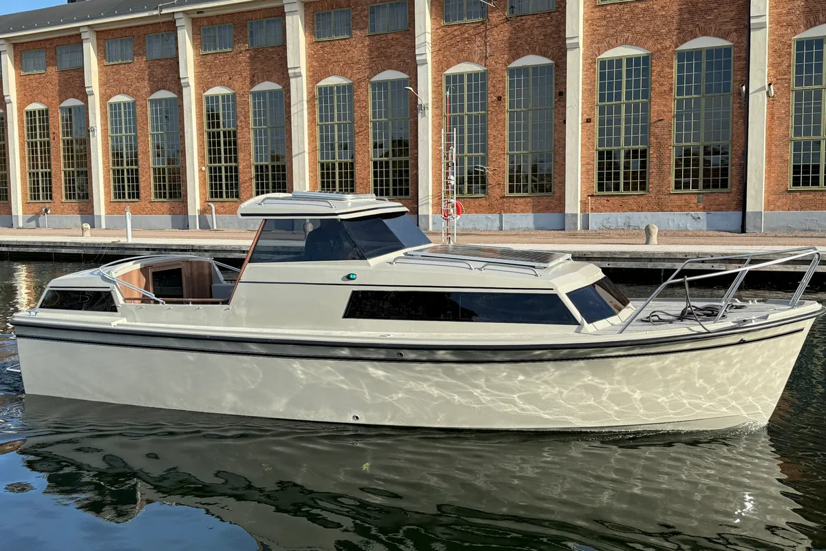 Exterior view of Safir, a Naviga Nordica T 40 motorboat at Motala, Sweden