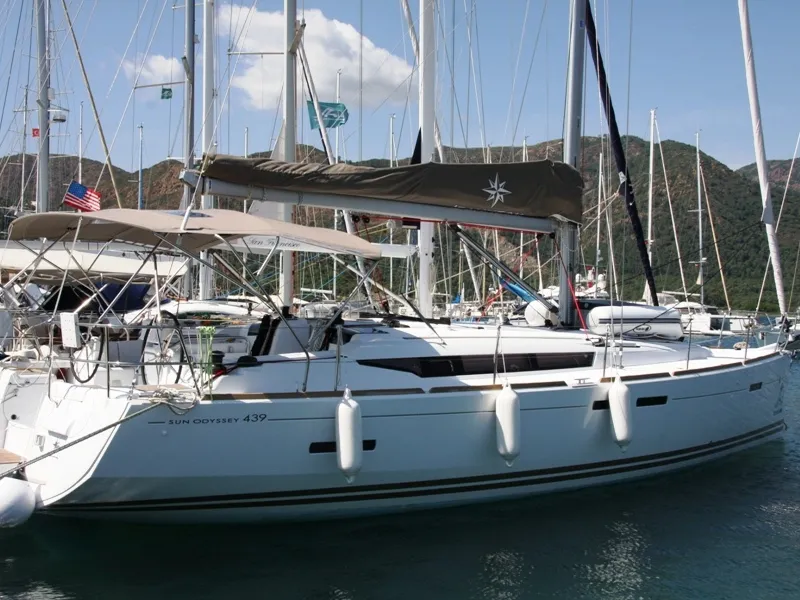 Exterior view of Code, a Jeanneau Sun Odyssey 439 sailboat at Marmaris, Turkey