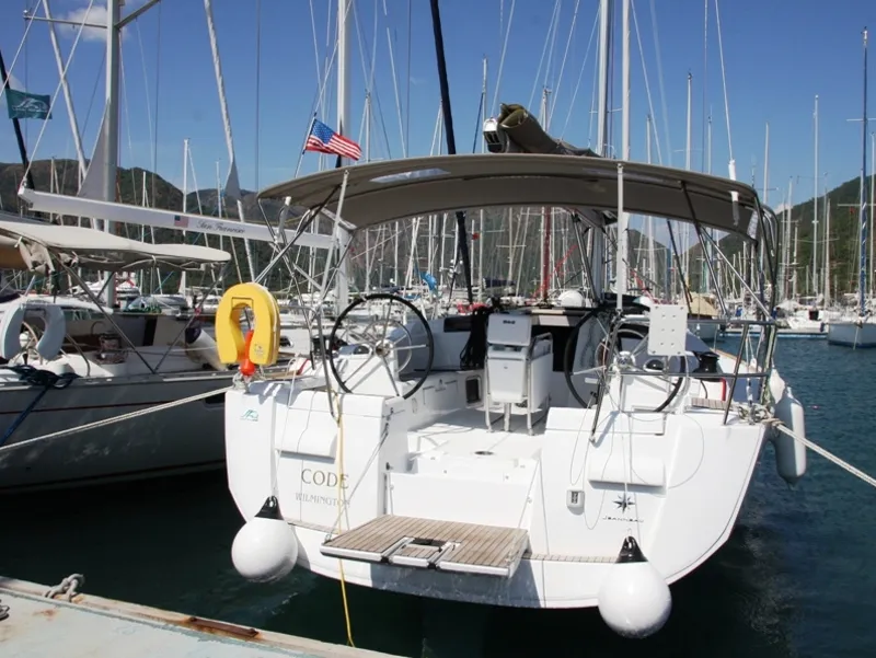 Exterior view of Code, a Jeanneau Sun Odyssey 439 sailboat at Marmaris, Turkey