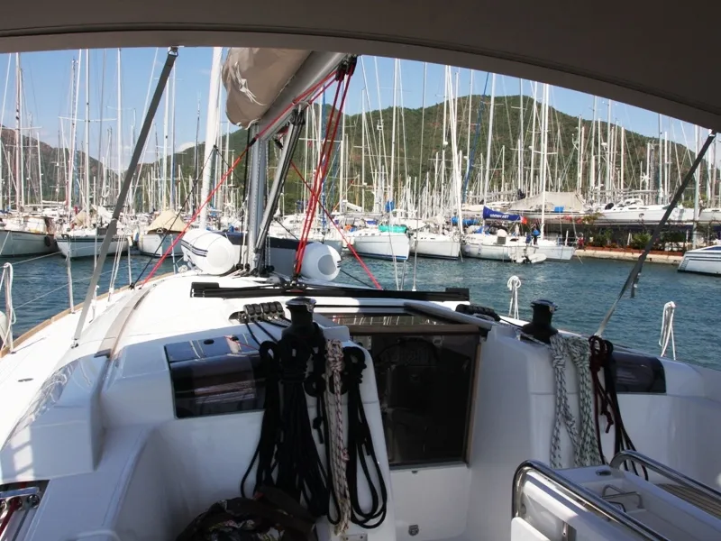 Deck of Code, a Jeanneau Sun Odyssey 439 sailboat at Marmaris, Turkey