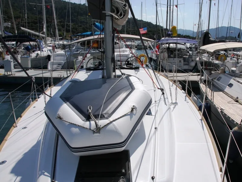 Deck of Code, a Jeanneau Sun Odyssey 439 sailboat at Marmaris, Turkey
