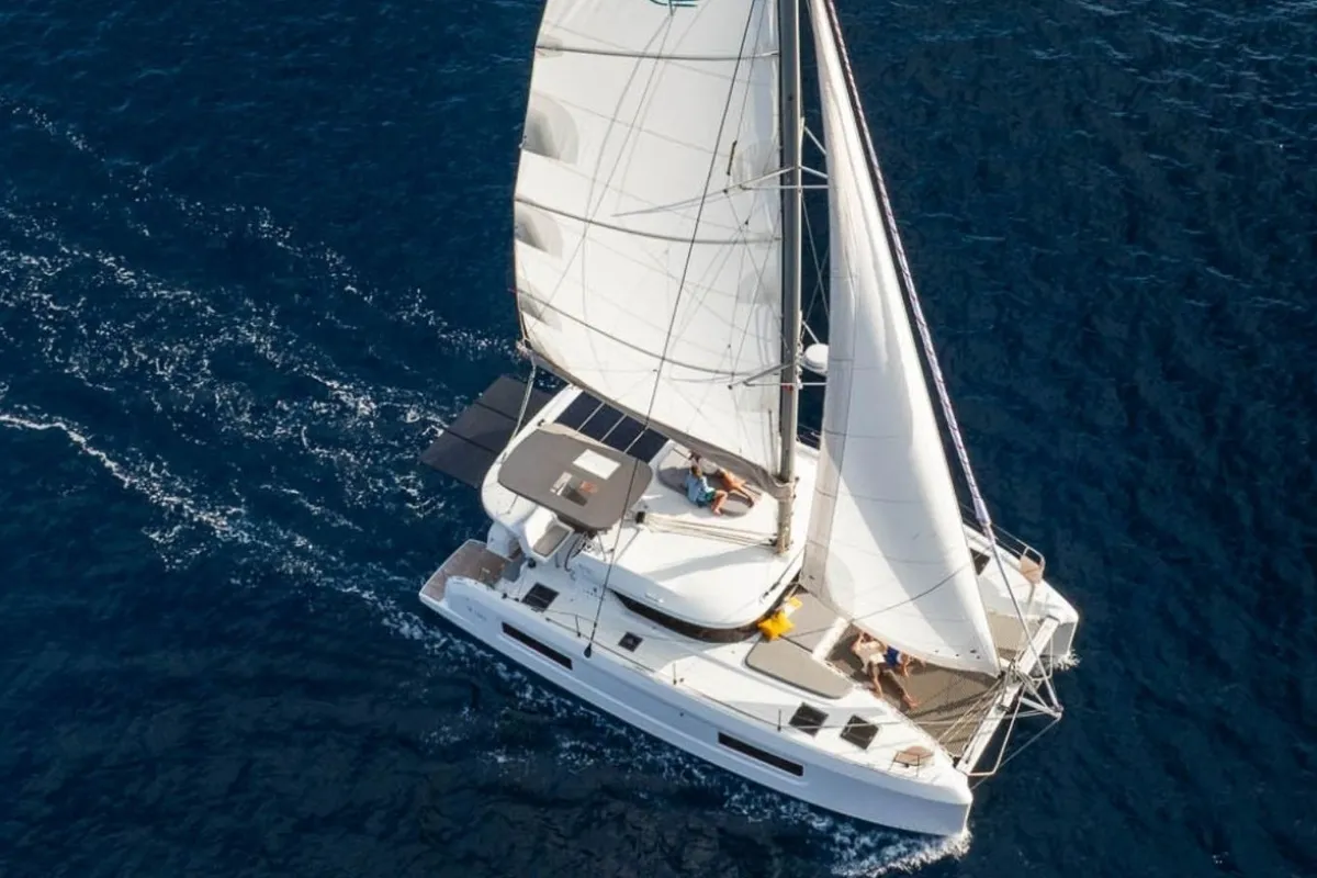 Exterior view of Lagoon 38, a catamaran at Tonnarella, Italy