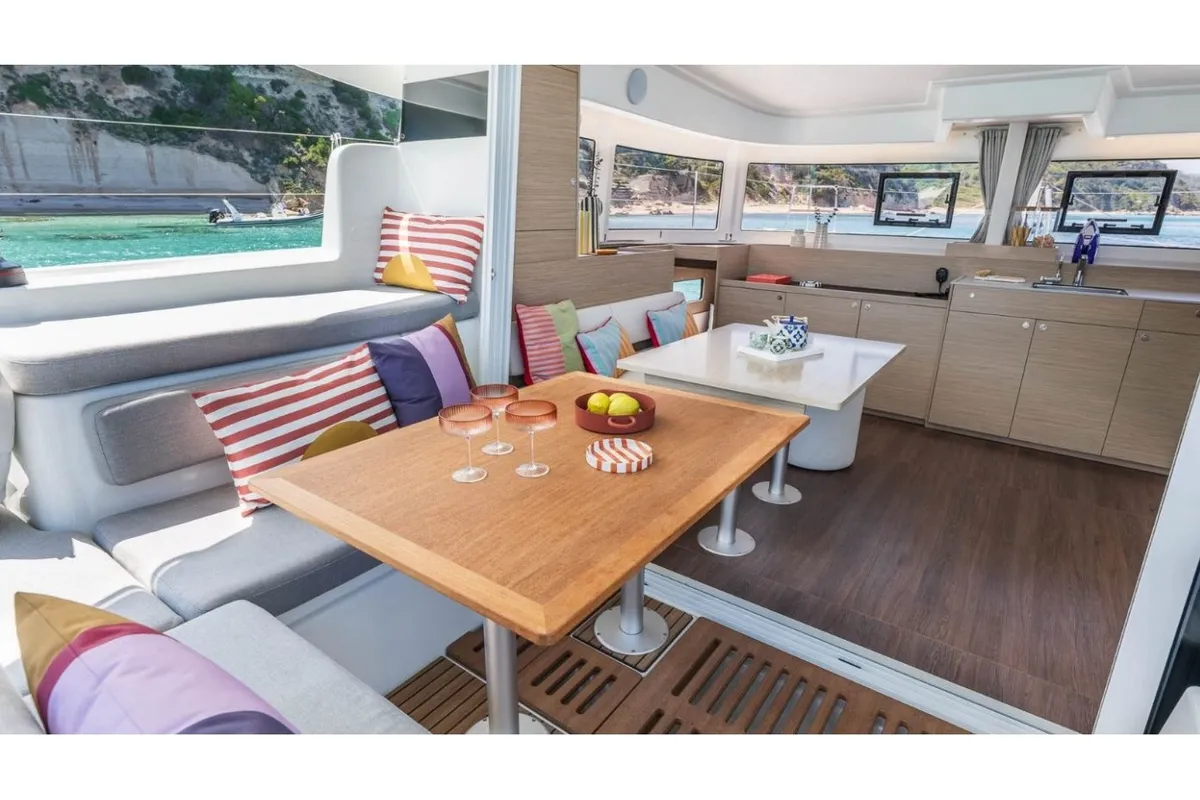 Deck of Lagoon 38, a catamaran at Tonnarella, Italy