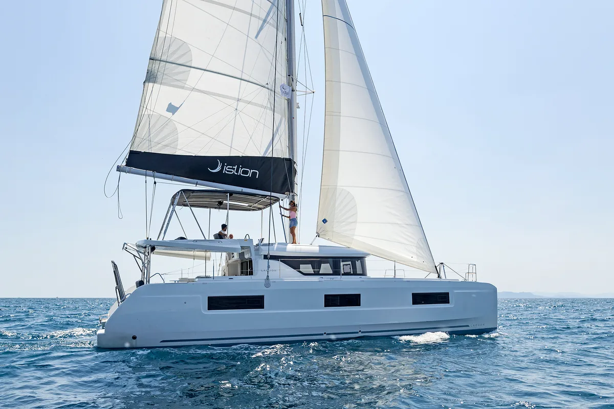 Exterior view of Emmelia, a Lagoon 46 catamaran at Athens, Greece