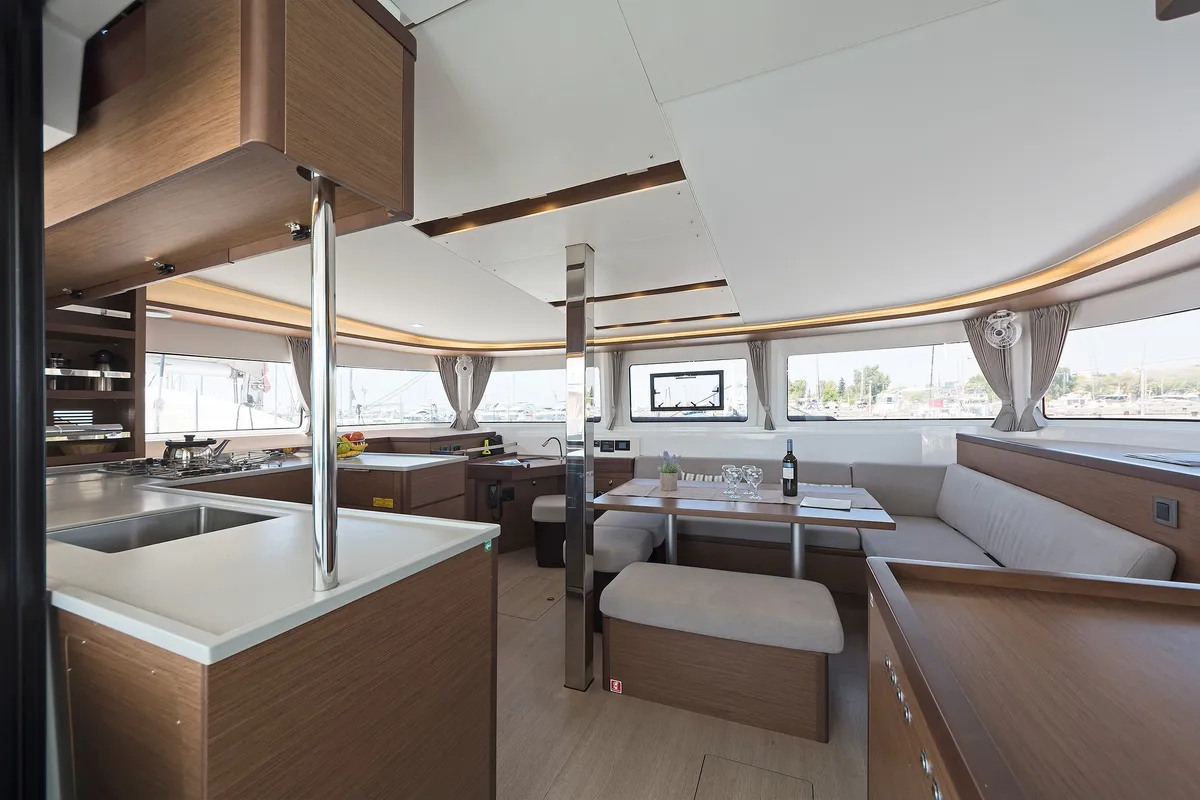 Salon of Emmelia, a Lagoon 46 catamaran at Athens, Greece