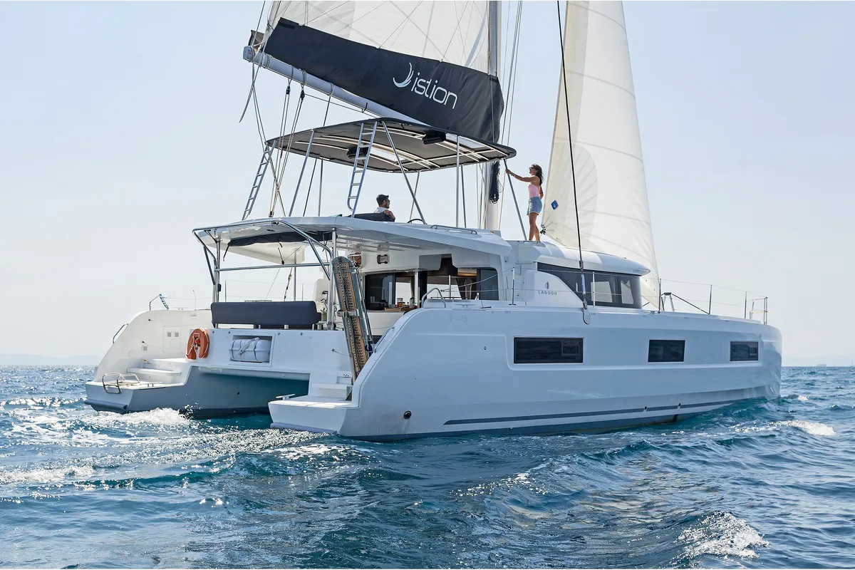 Exterior view of Emmelia, a Lagoon 46 catamaran at Athens, Greece
