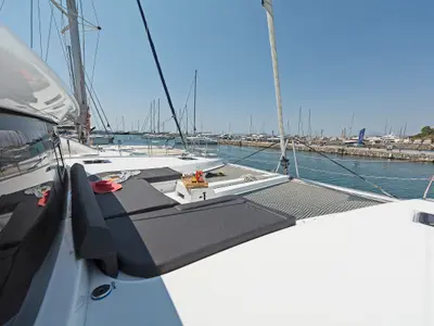 Deck of Emmelia, a Lagoon 46 catamaran at Athens, Greece
