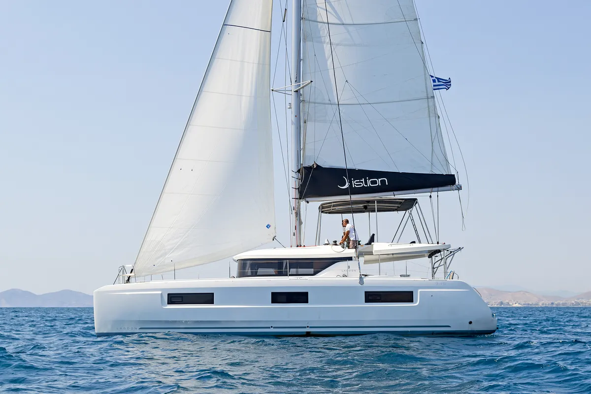 Exterior view of Emmelia, a Lagoon 46 catamaran at Athens, Greece