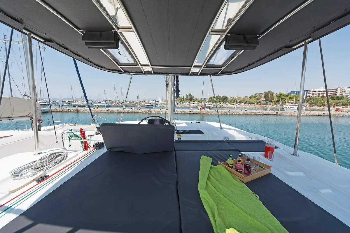 Deck of Emmelia, a Lagoon 46 catamaran at Athens, Greece
