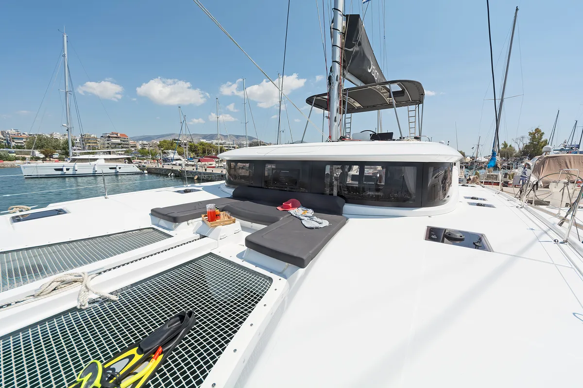 Deck of Emmelia, a Lagoon 46 catamaran at Athens, Greece