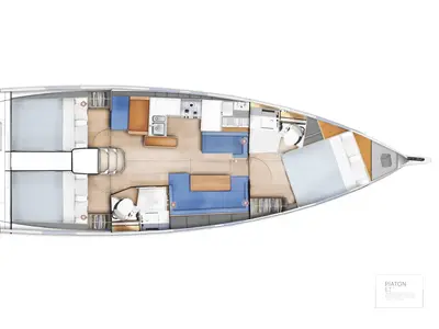 Floor plan of Night Flower, a Jeanneau Sun Odyssey 410 sailboat at Preveza, Greece