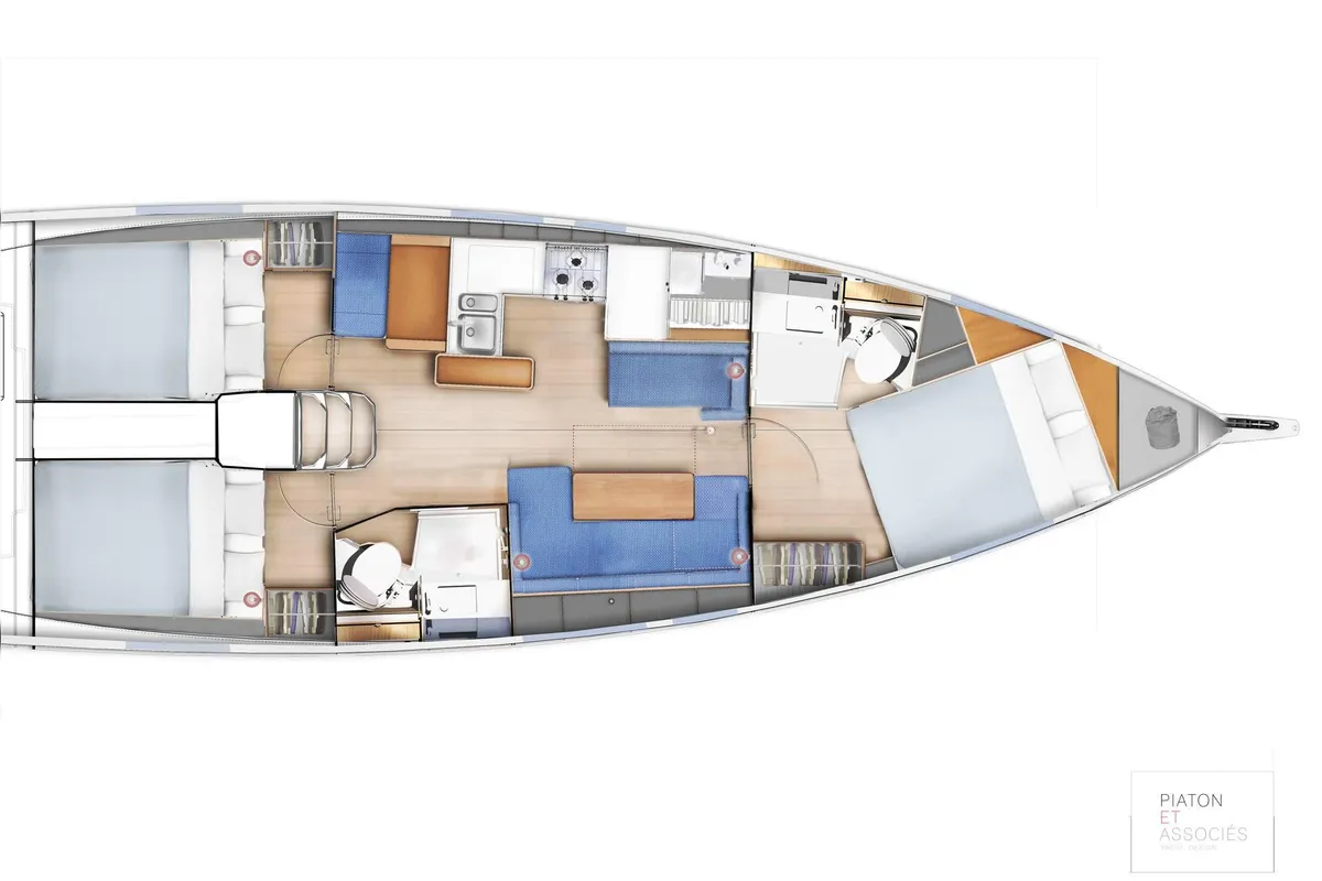 Floor plan of Night Flower, a Jeanneau Sun Odyssey 410 sailboat at Preveza, Greece