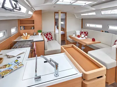 Galley of Night Flower, a Jeanneau Sun Odyssey 410 sailboat at Preveza, Greece