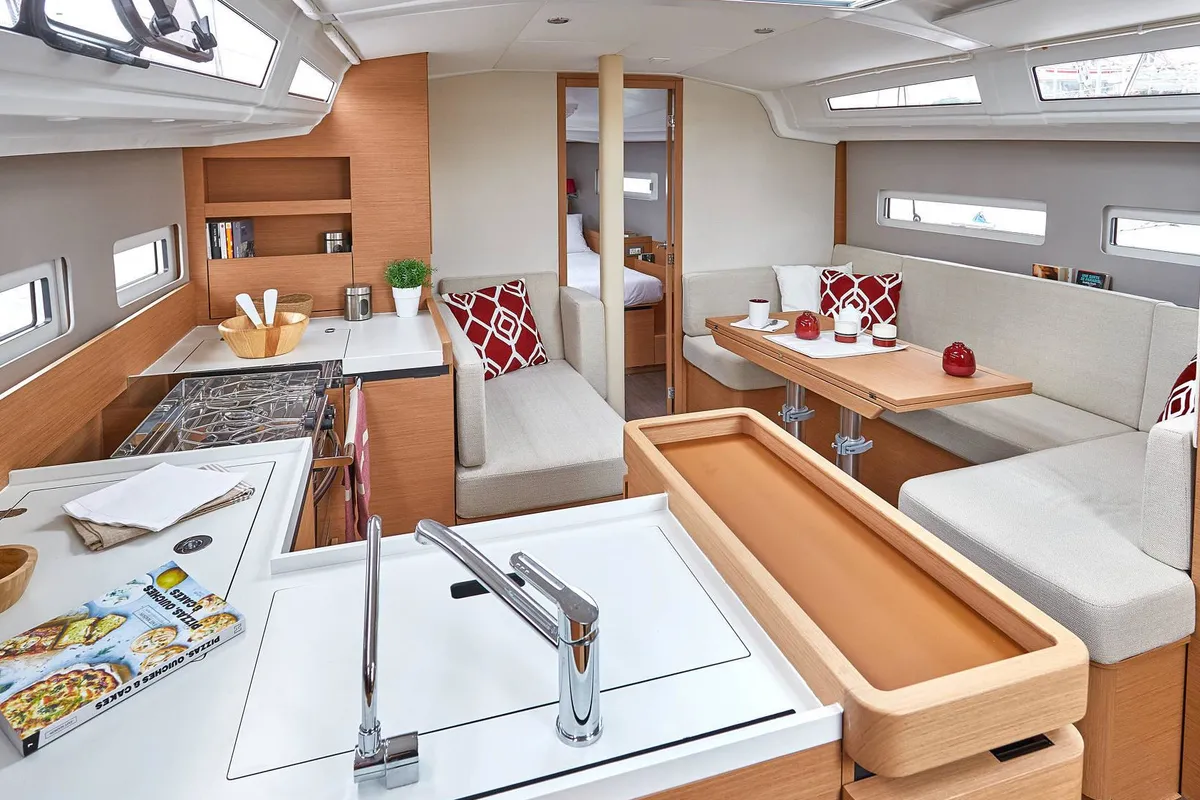Galley of Night Flower, a Jeanneau Sun Odyssey 410 sailboat at Preveza, Greece