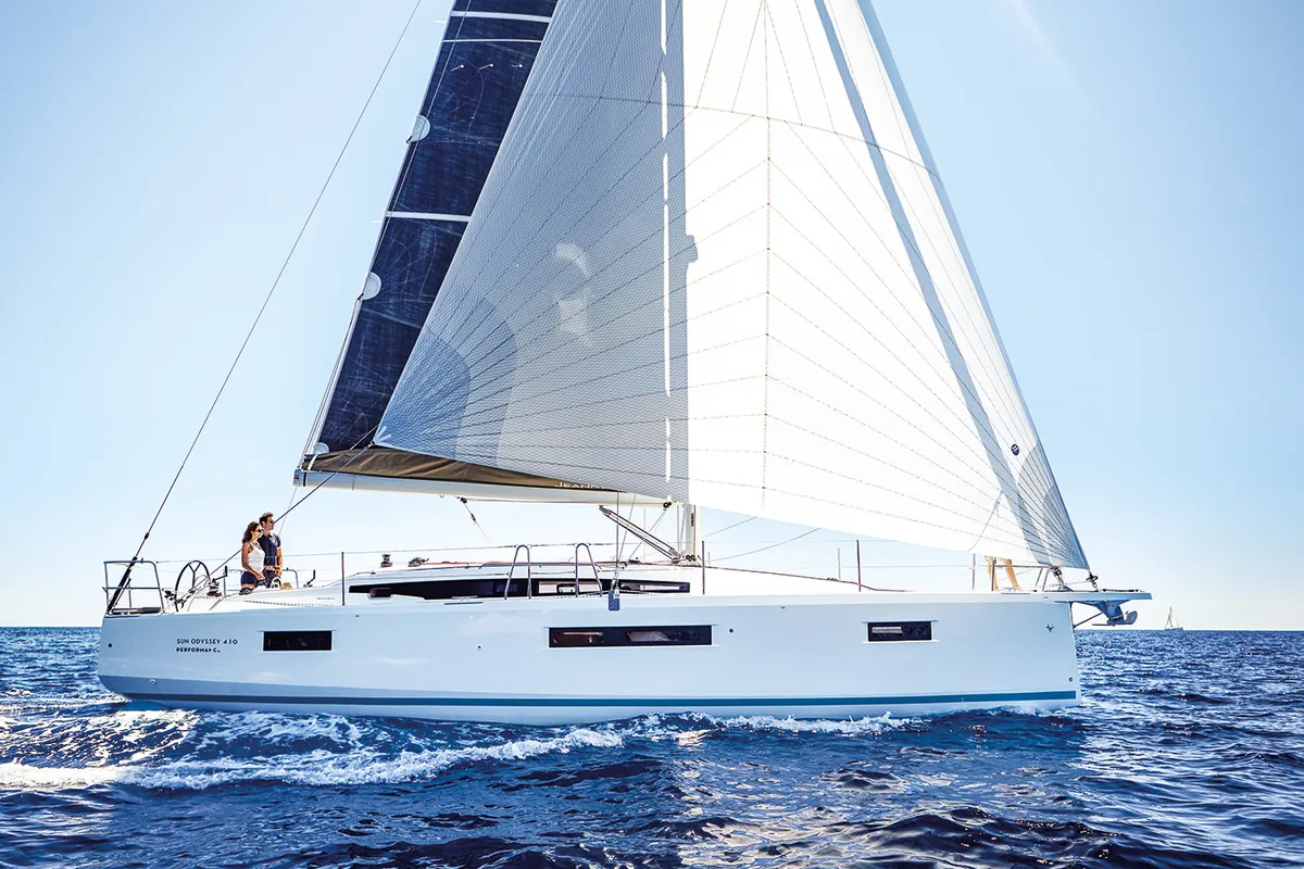 Exterior view of Night Flower, a Jeanneau Sun Odyssey 410 sailboat at Preveza, Greece