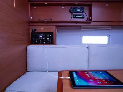 Salon of Lana V, a Dufour 430 GL sailboat at Split, Croatia