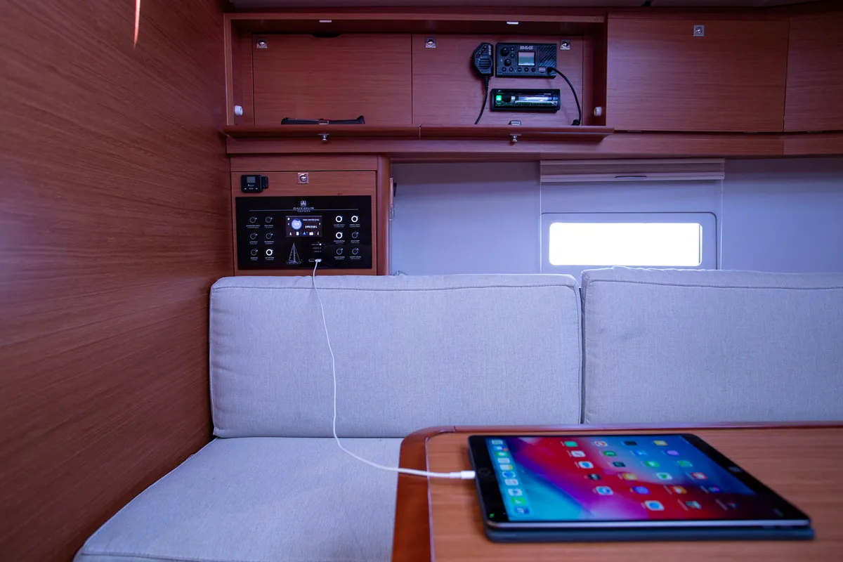 Salon of Lana V, a Dufour 430 GL sailboat at Split, Croatia