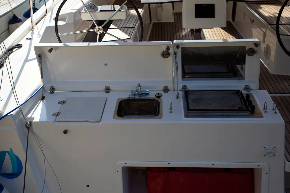 Deck of Lana V, a Dufour 430 GL sailboat at Split, Croatia