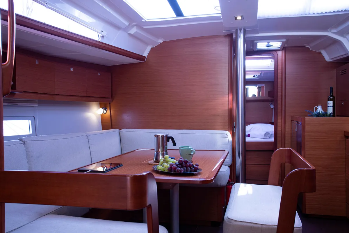 Salon of Lana V, a Dufour 430 GL sailboat at Split, Croatia