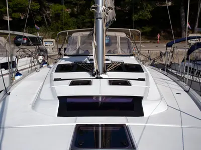 Deck of Lana V, a Dufour 430 GL sailboat at Split, Croatia