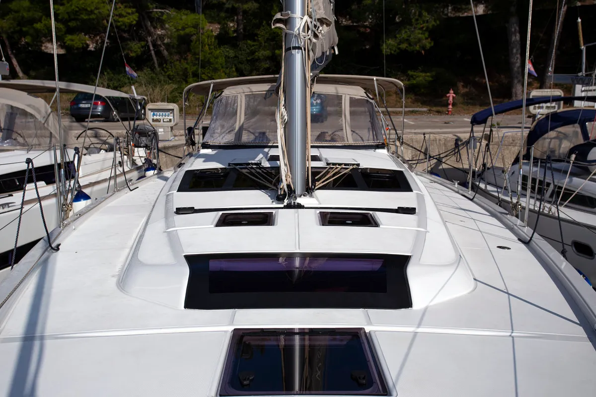 Deck of Lana V, a Dufour 430 GL sailboat at Split, Croatia