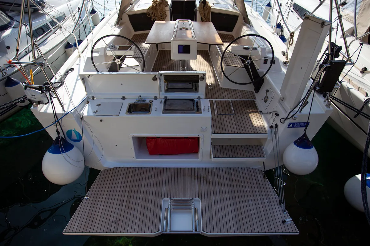 Deck of Lana V, a Dufour 430 GL sailboat at Split, Croatia