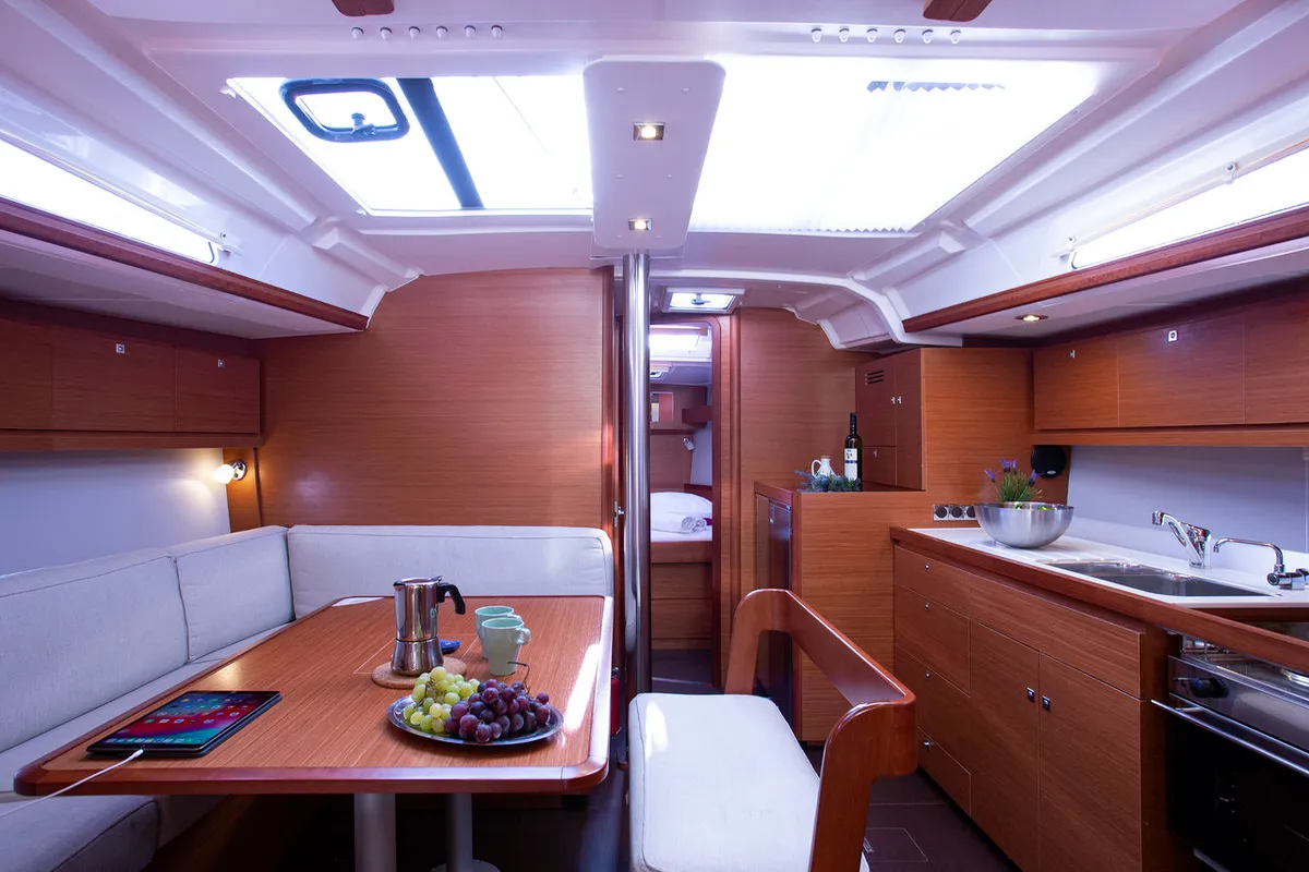 Salon of Lana V, a Dufour 430 GL sailboat at Split, Croatia