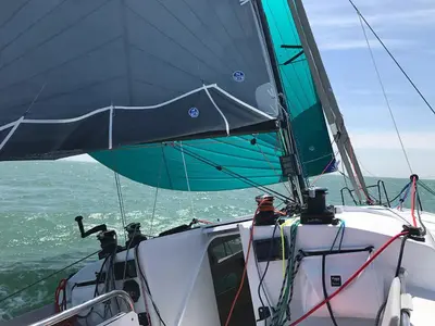 Deck of Little Wing, a Pogo 36 sailboat at Alameda, United States