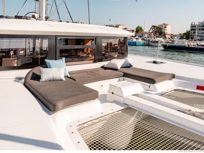 Deck of Zahra, a Lagoon 46 catamaran at Olbia, Italy