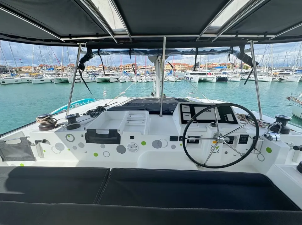 Cockpit of PaSEAon, a Lagoon 450 Fly catamaran at Municipal Unit of Lefkada, Greece