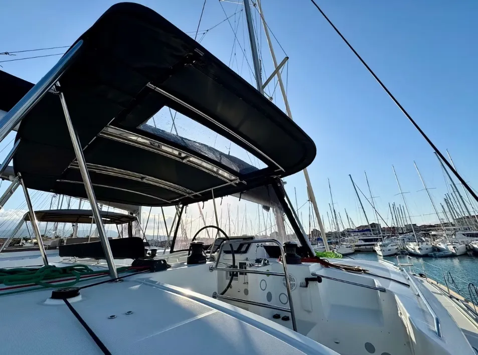 Exterior view of PaSEAon, a Lagoon 450 Fly catamaran at Municipal Unit of Lefkada, Greece