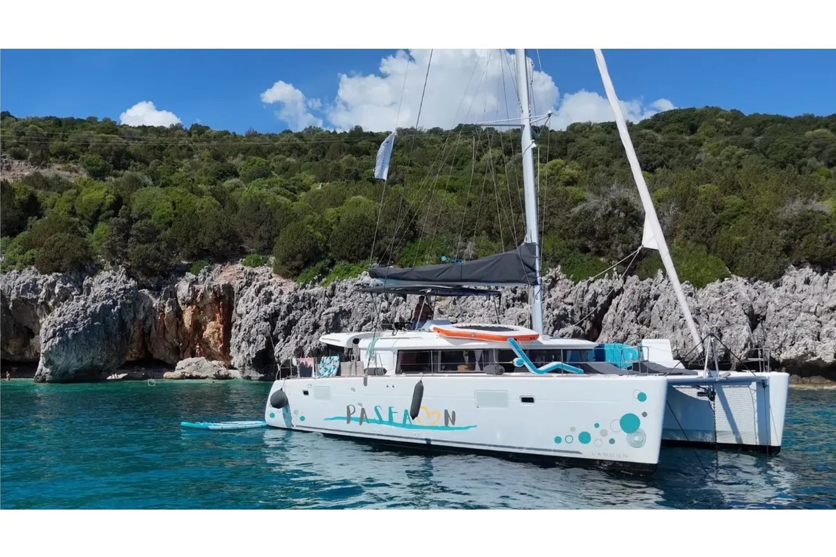 Exterior view of PaSEAon, a Lagoon 450 Fly catamaran at Municipal Unit of Lefkada, Greece