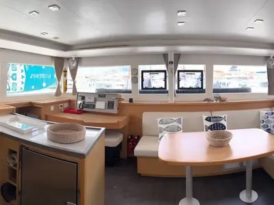 Salon of PaSEAon, a Lagoon 450 Fly catamaran at Municipal Unit of Lefkada, Greece